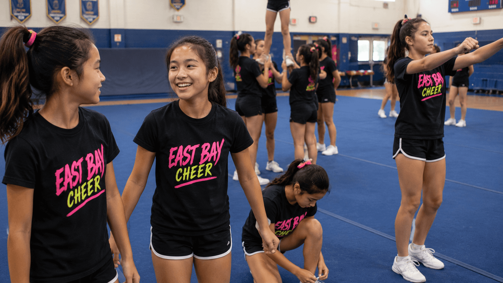 East Bay Youth Cheer Tees: Neon on Dark (Potential Color Shift)— We Will Inform You During The Review